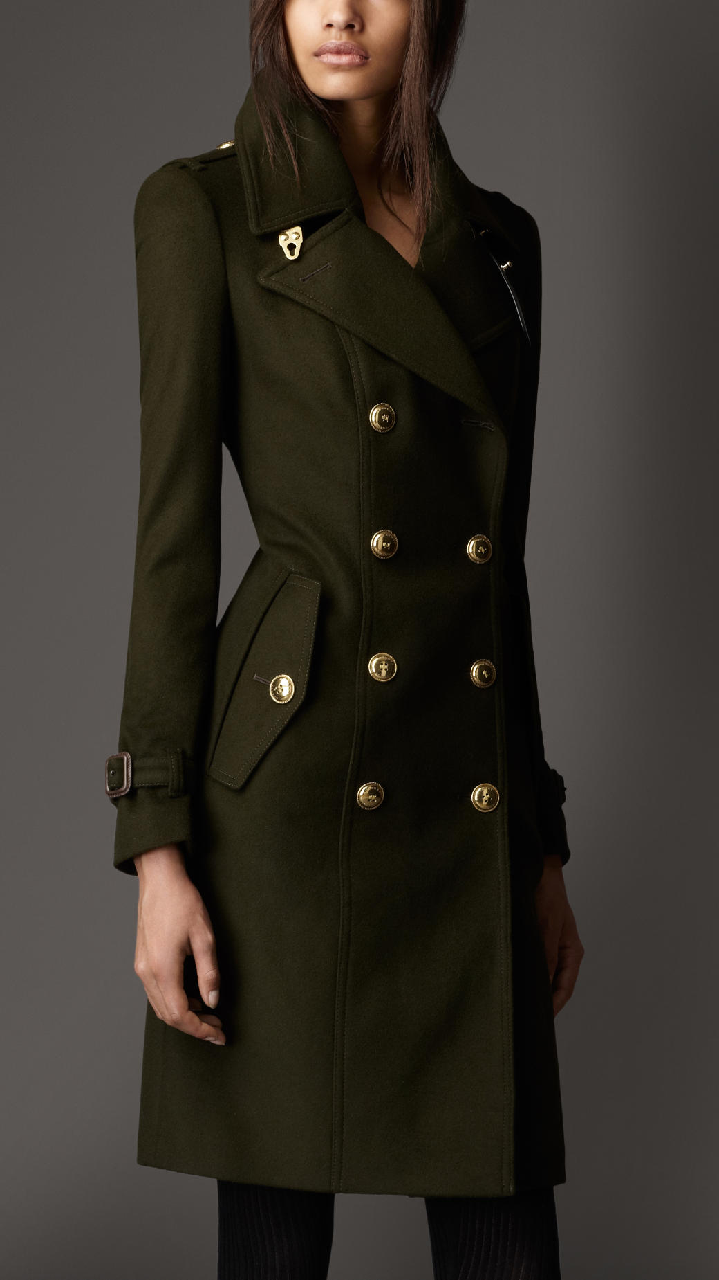 Burberry Leather Detail Wool Trench Coat in Dark Khaki Green (Green) - Lyst