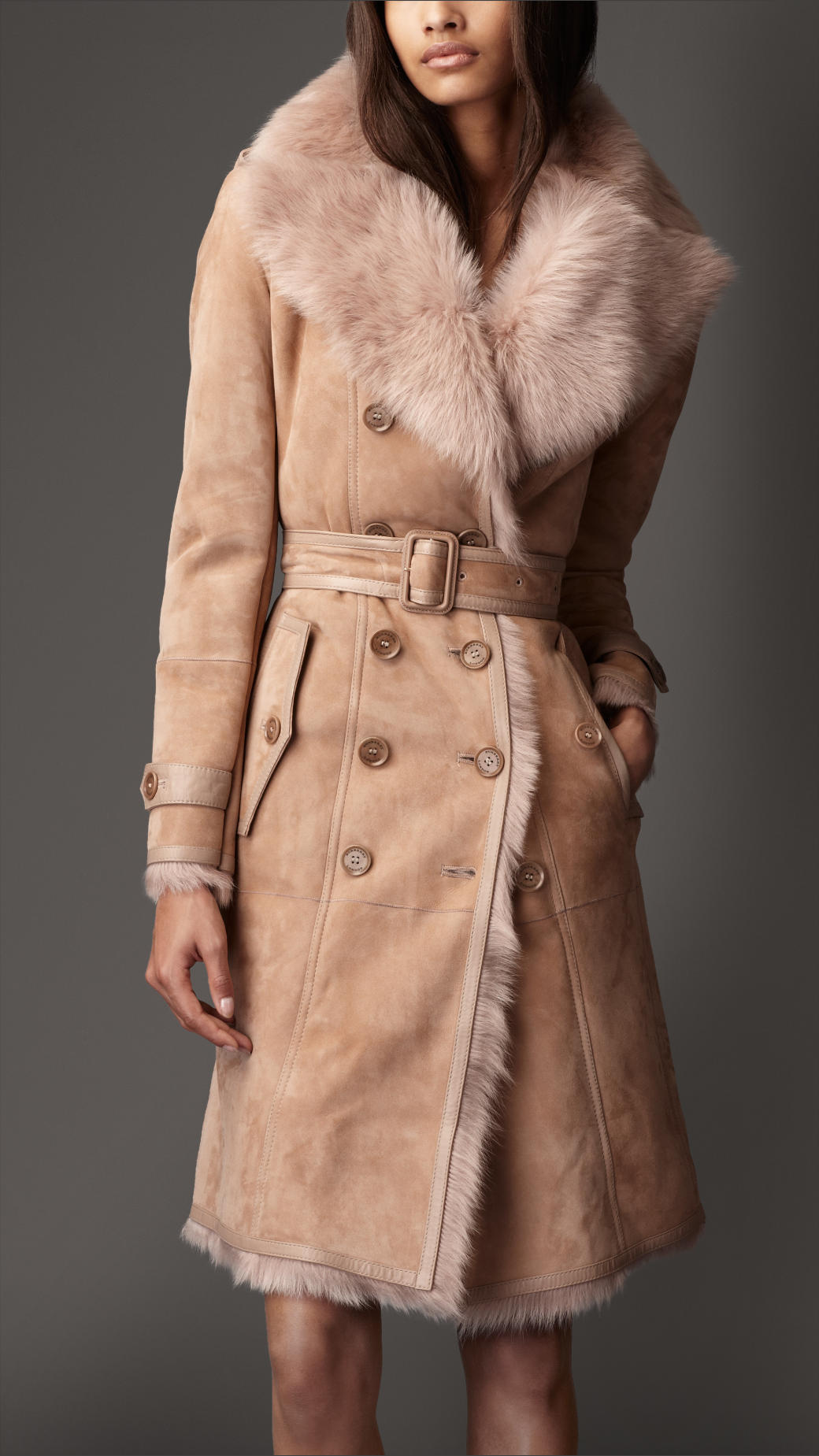 Burberry Long Shearling Trench Coat in Nude (Natural) Lyst