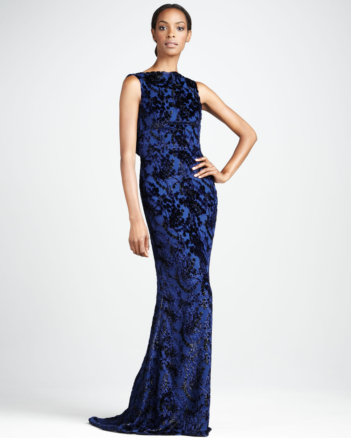 Badgley Mischka Burnout Velvet Gown in Blue (sapphire) | Lyst