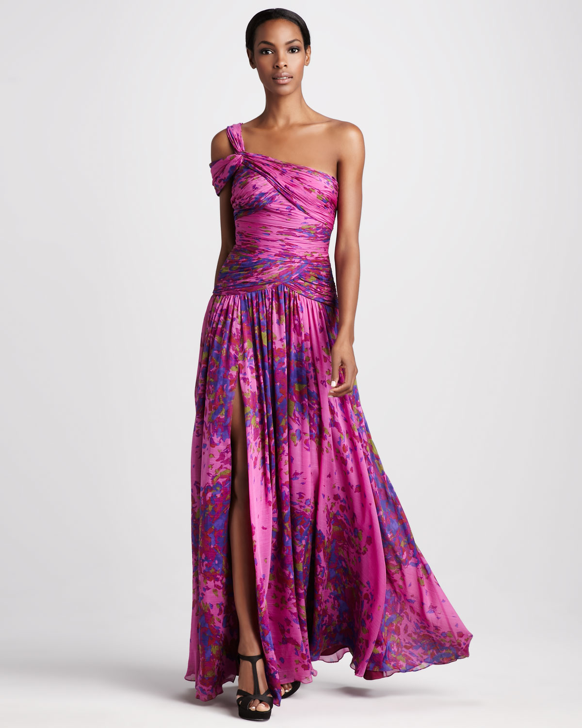 Lyst - Ml Monique Lhuillier Floralprint Ruched Gown in Purple