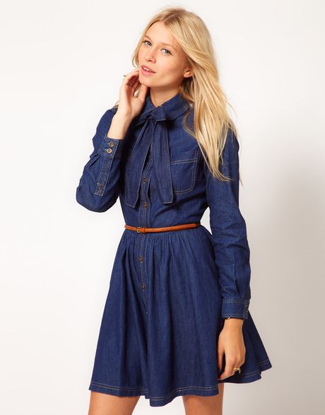 Oasis Pussy Bow Denim Shirt Dress in Blue (denim) | Lyst