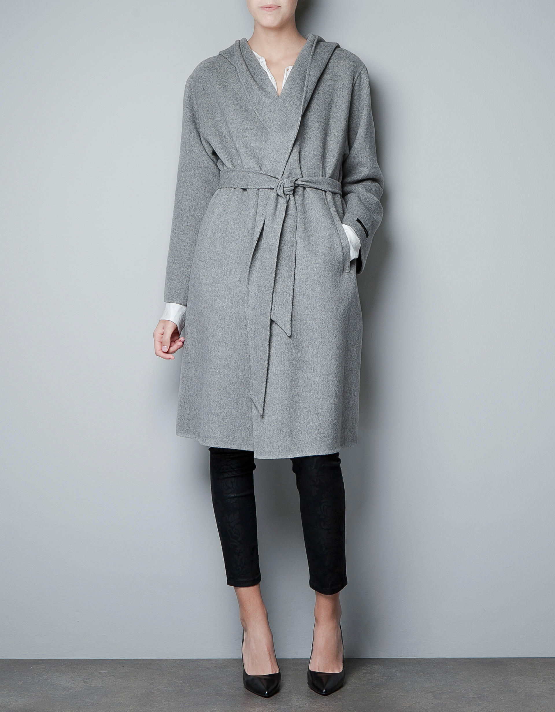 Zara Wraparound Coat with Hood in Gray Lyst