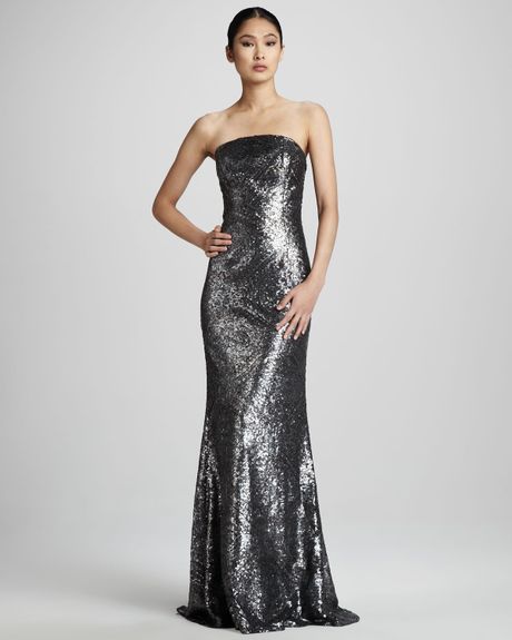 Ml Monique Lhuillier Sequined Strapless Gown in Silver (gunmetal) | Lyst