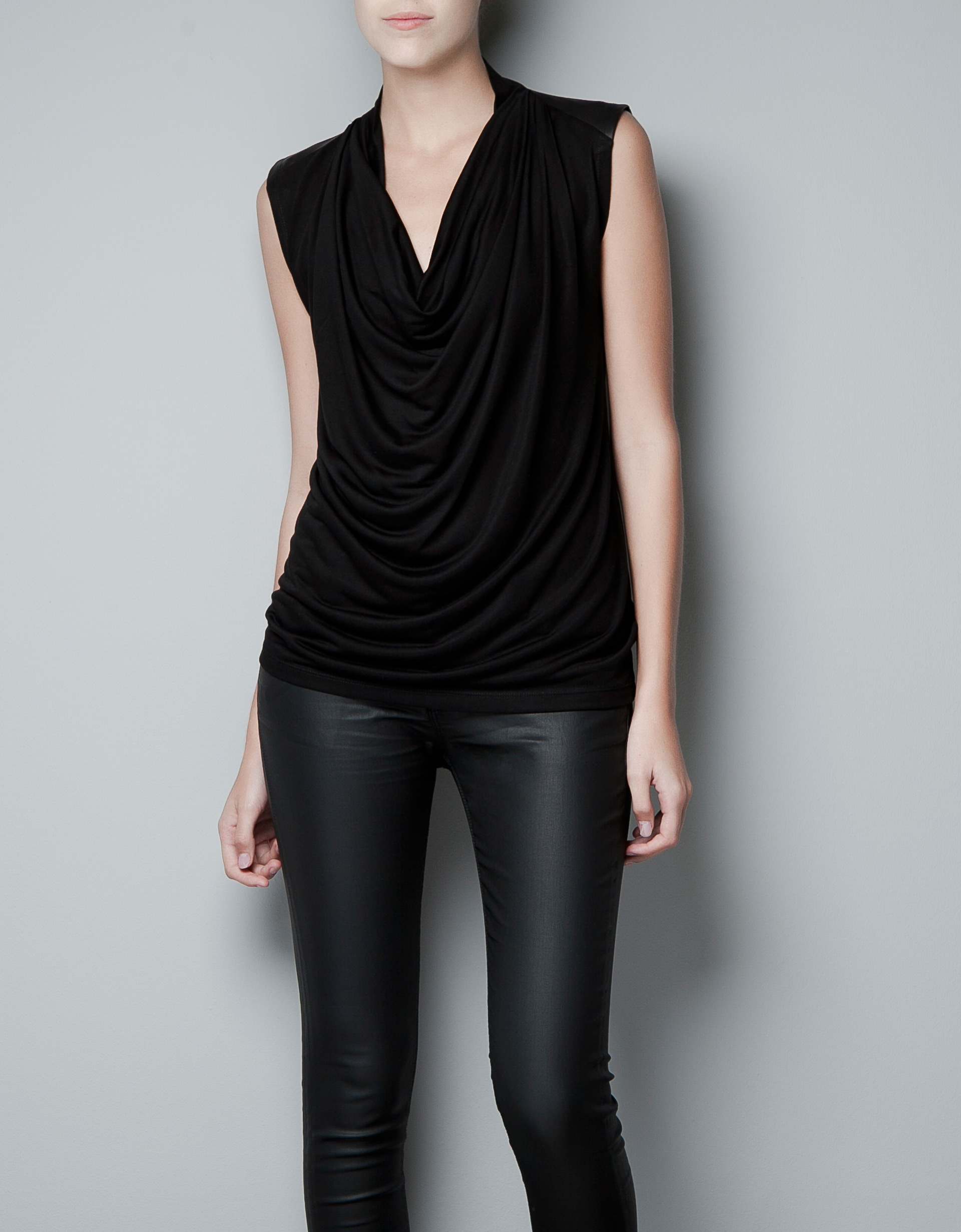 Zara Draped T-Shirt with Faux Leather Shoulders in Black | Lyst