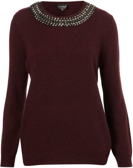 Topshop Knitted Necklace Stud Jumper in Purple (burgundy) | Lyst