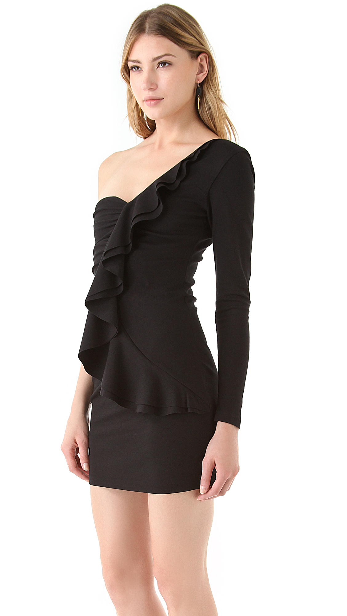 one sleeve black dress front zipper mid