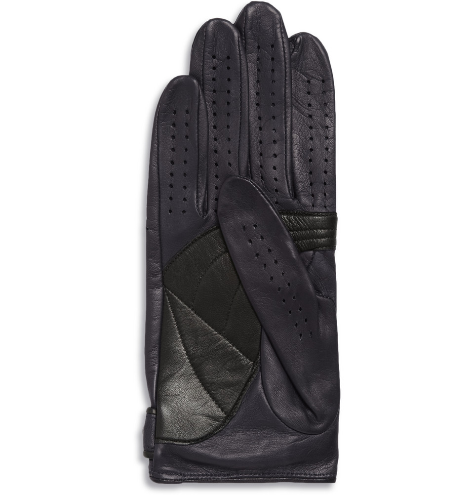 mens blue leather driving gloves