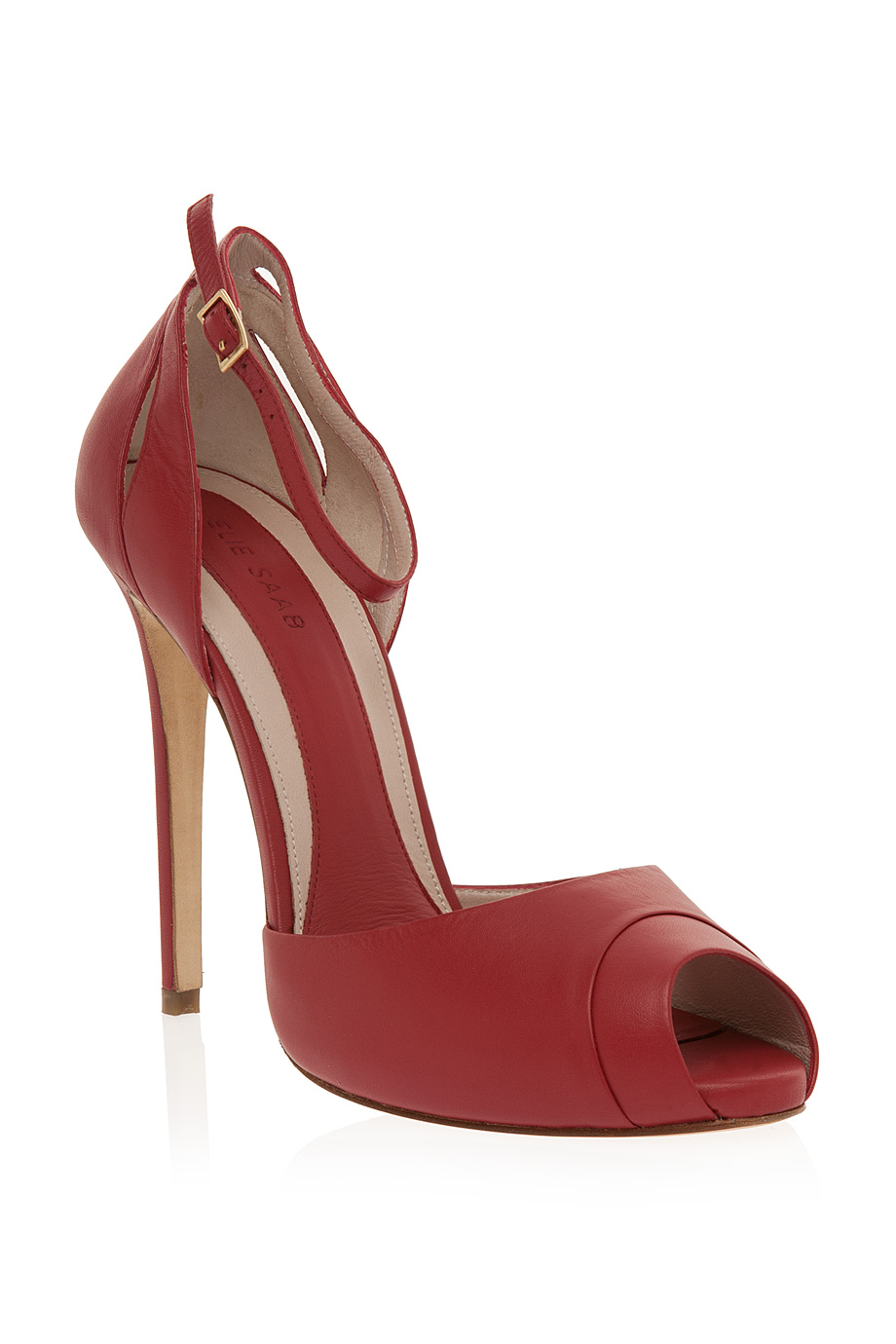 red ankle strap open toe heels