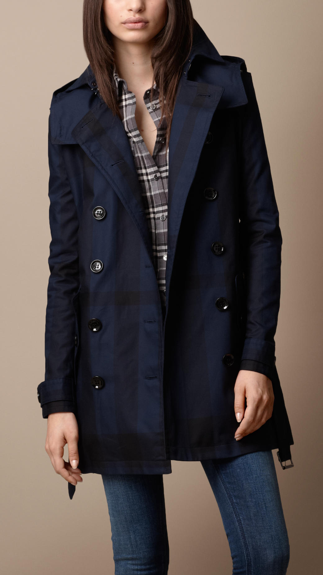 Lyst - Burberry Brit Long Cotton Check Trench Coat in Blue