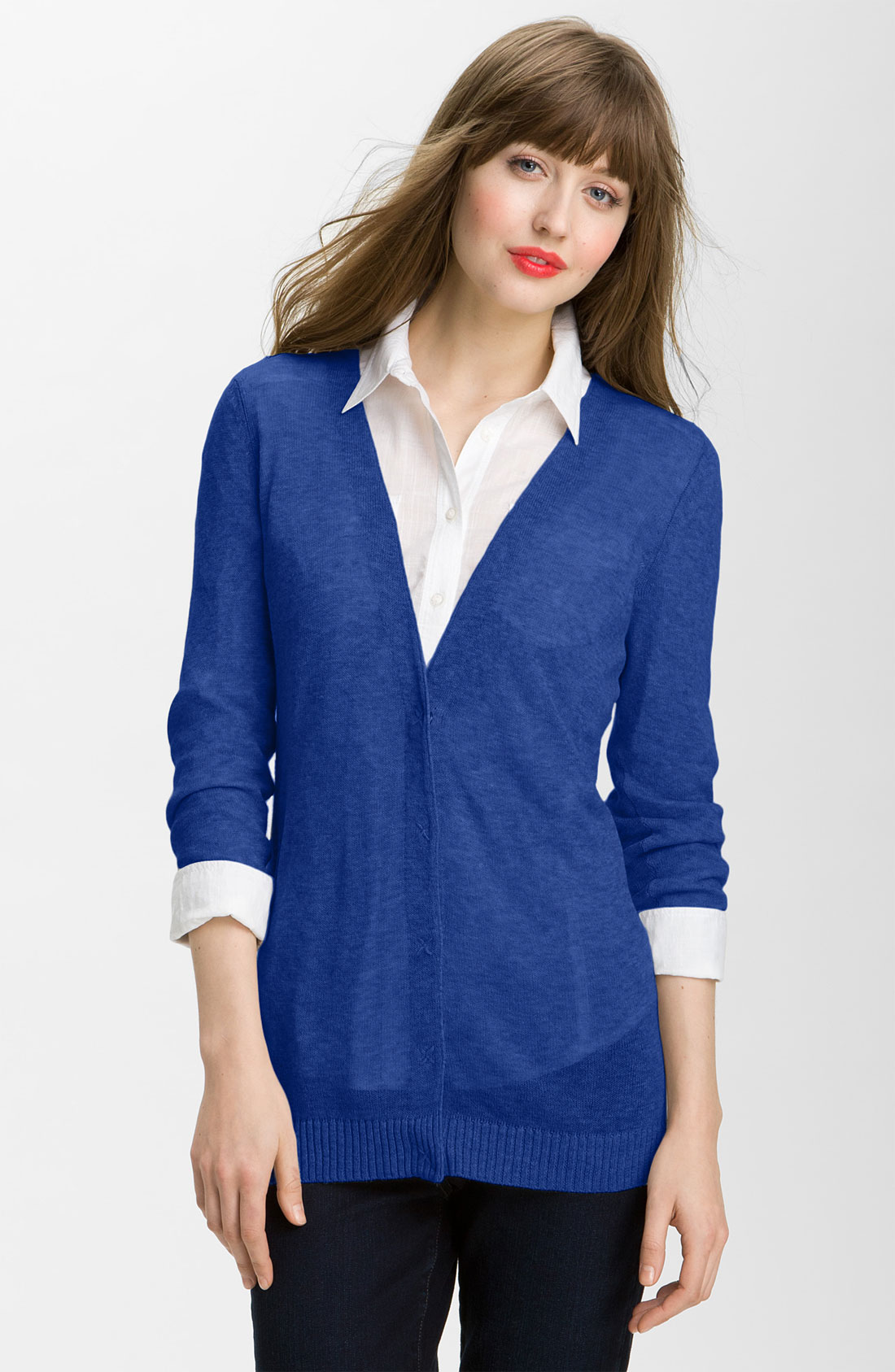 Caslon® Snap Front Tissue Weight Cardigan in Blue (blue nautical) Lyst