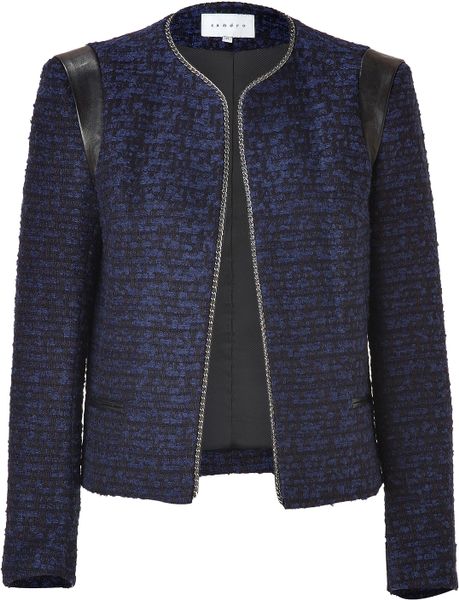 Sandro Marineblack Knit Jacket with Chain and Leather Trim in Blue ...