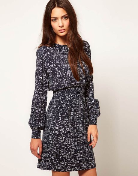 Ganni Hemmingway 40s Style Dress in Polka Dot in Gray (navywhite) | Lyst