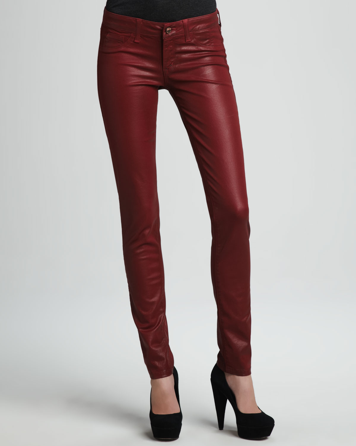 red coated skinny jeans