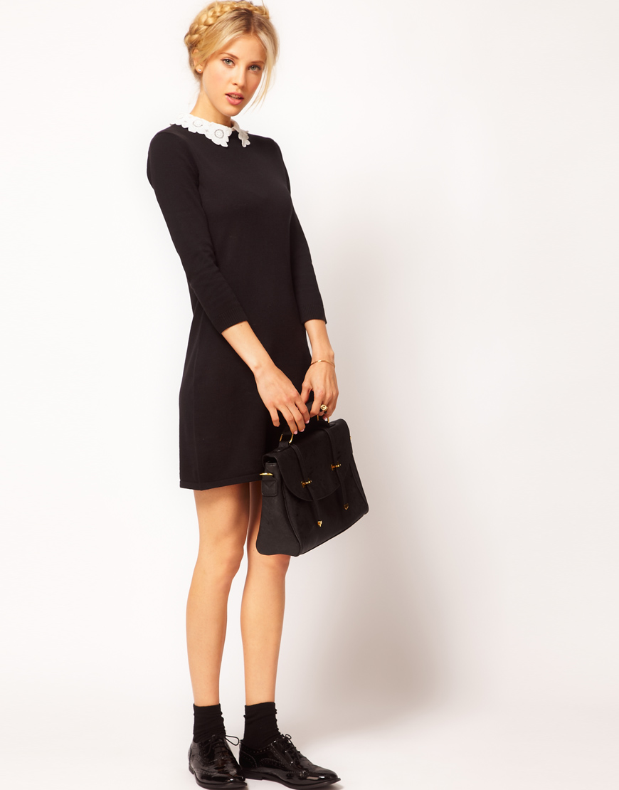 ASOS Knit Dress with Lace Collar in Black