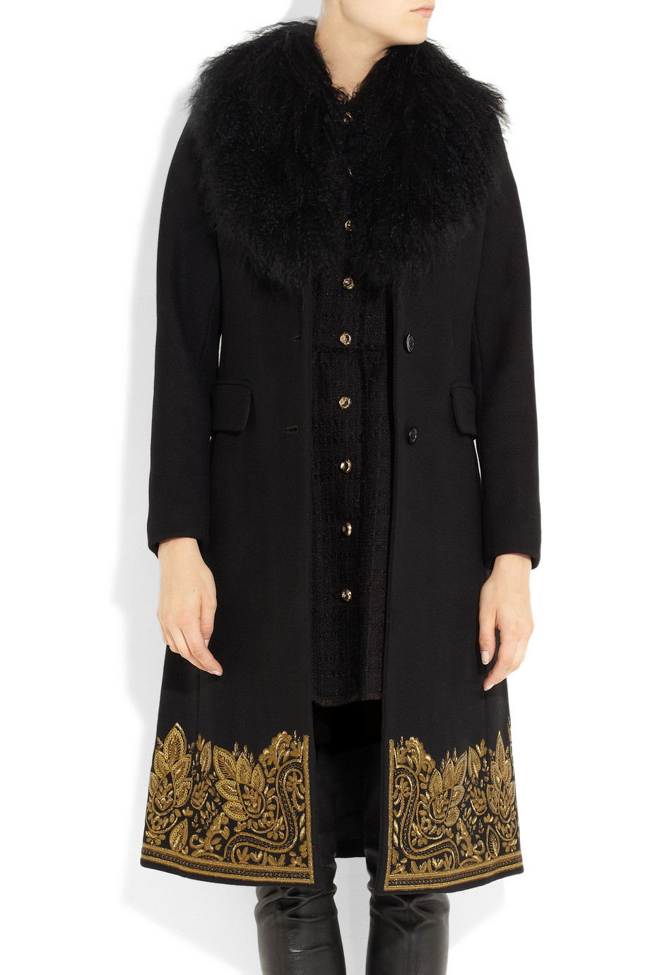 MICHAEL Michael Kors Shearling Trimmed Embroidered Wool Blend Coat in