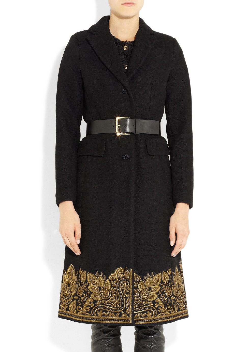 MICHAEL Michael Kors Shearling Trimmed Embroidered Wool Blend Coat in