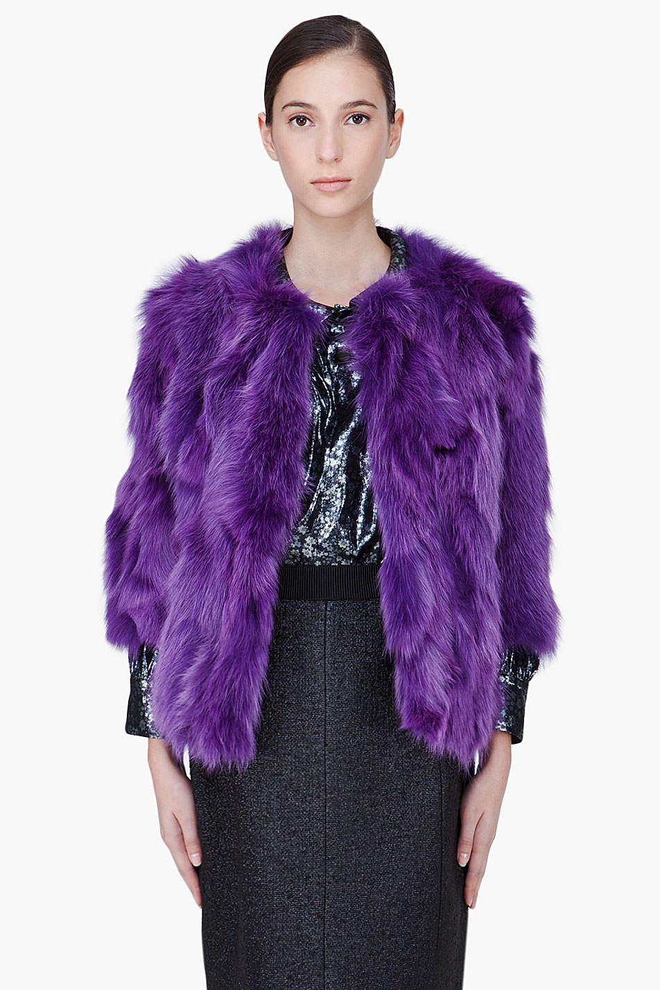 purple feather jacket