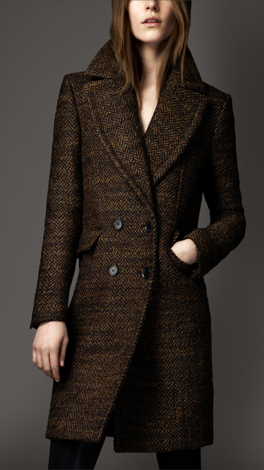 Burberry Oversize Herringbone Tweed Pea Coat in Brown | Lyst
