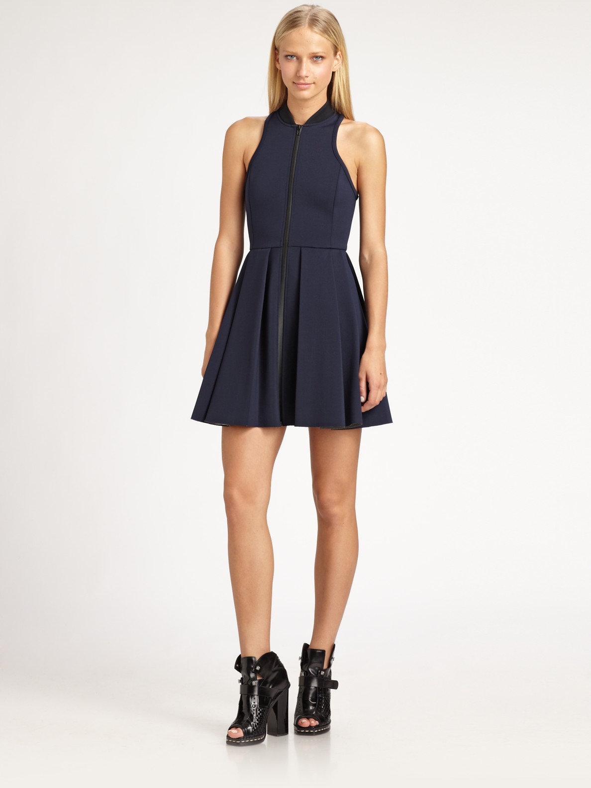 T By Alexander Wang Pleated Neoprene Dress In Navy Blue Lyst