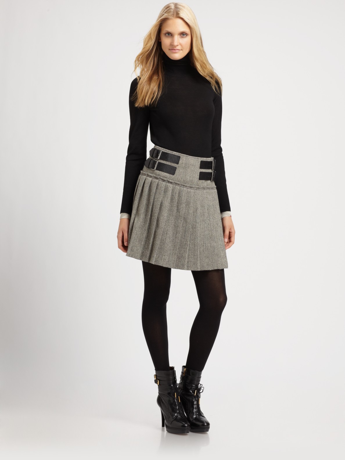 Burberry brit Herringbone Kilt Skirt in Black | Lyst
