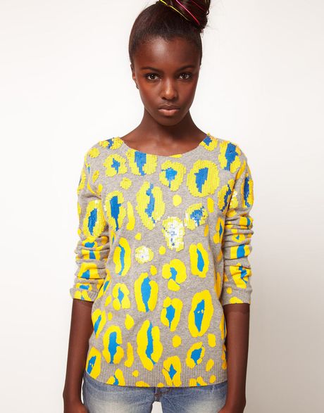 Lulu & Co Lulu and Co Sibling Sequinned Leopard Sweater in Yellow ...