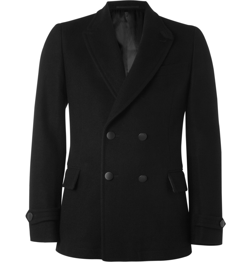 Saint Laurent Slimfit Leather Trimmed Wool Peacoat in Black for Men - Lyst