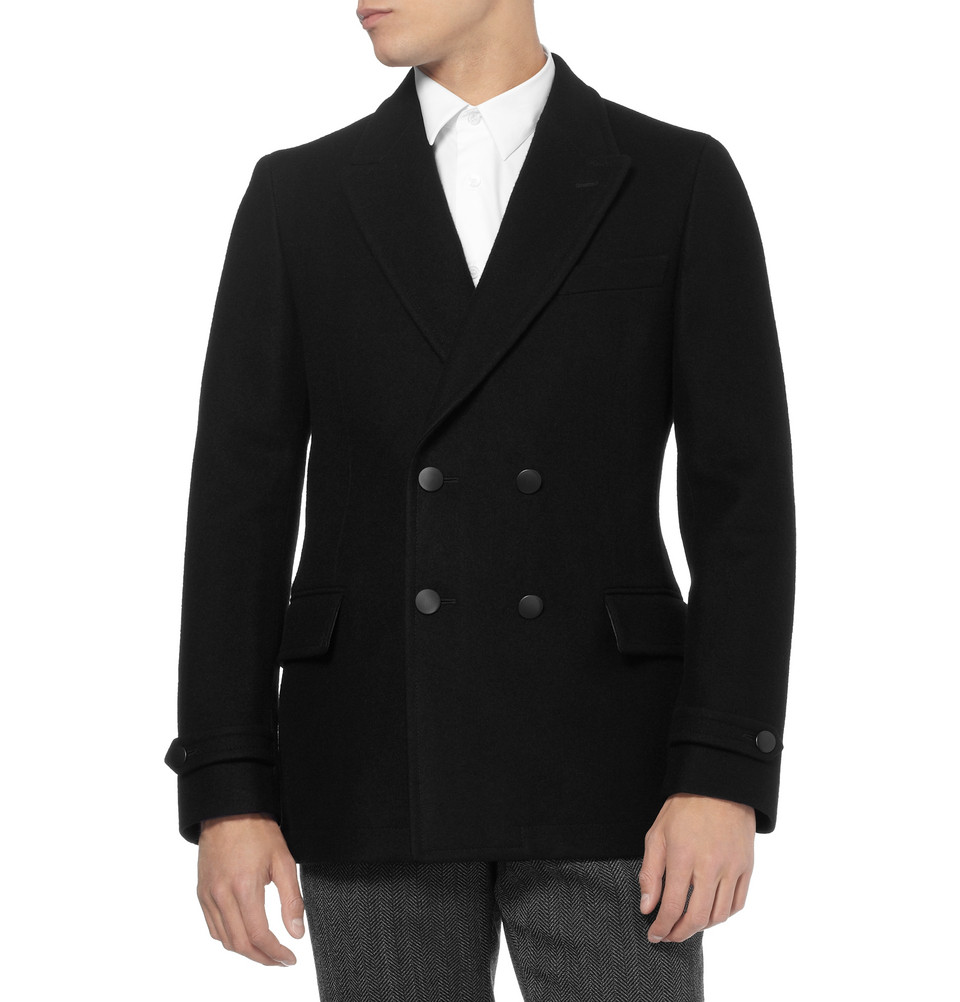 Saint Laurent Slimfit Leather Trimmed Wool Peacoat in Black for Men Lyst