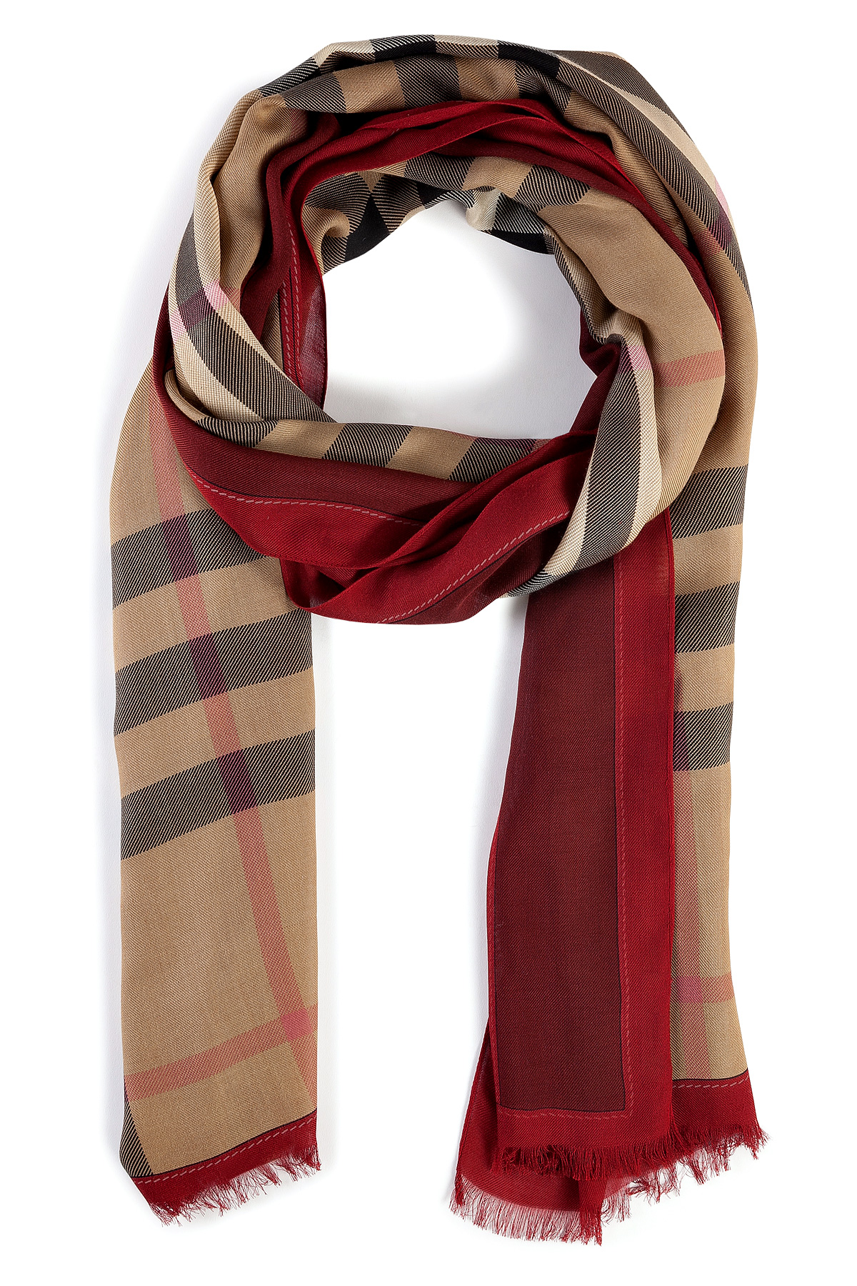Lyst Burberry Red Claret Check Haymarket Color Border Scarf in Red