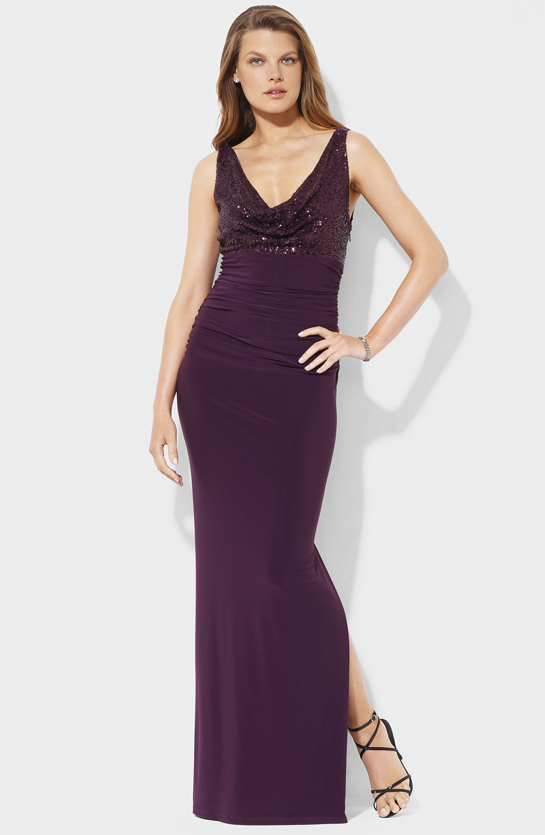 Lauren By Ralph Lauren Sequin Cowl Neck Jersey Gown in Purple (berry ...