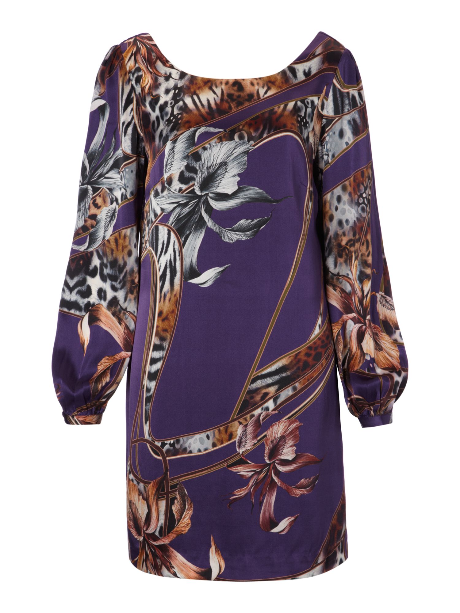Biba Lily Print Silk Bell Sleeve Shift Dress in Purple (multicoloured