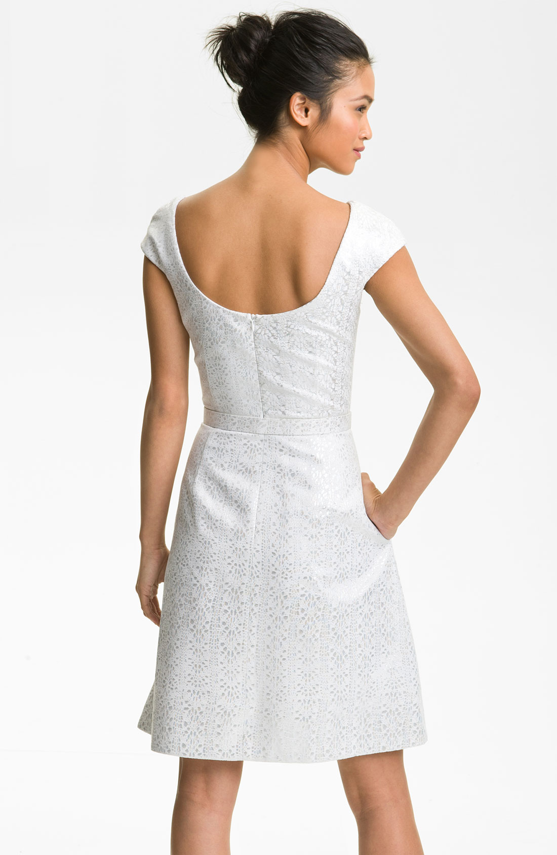 Theia Cap Sleeve Jacquard Fit Flare Dress in White | Lyst
