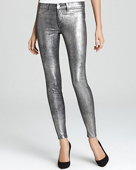 J Brand Jeans Coated Metallic Power Stretch Mid Rise Skinny in Silver ...