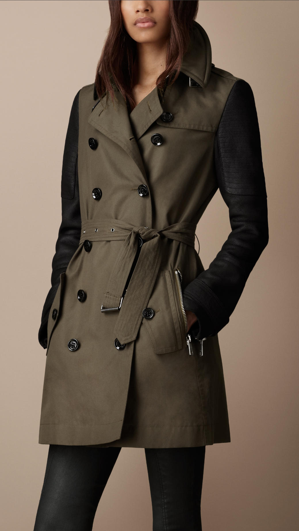 Burberry Brit Short Leather Sleeve Cotton Trench Coat in Dark Khaki Green  (Green) | Lyst