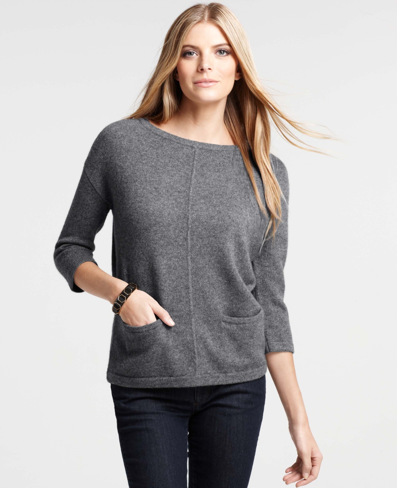 Ann Taylor Merino Wool Blend Front Pocket Sweater in Gray (smog heather ...