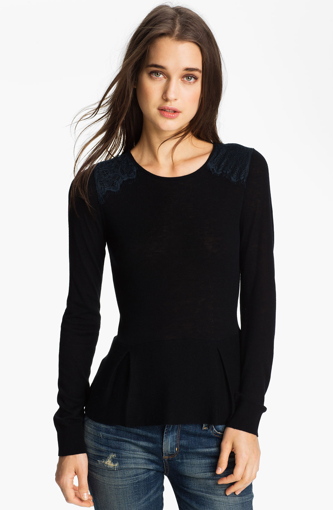 Hinge Lace Shoulder Peplum Sweater in Black (black/ navy eclipse) | Lyst