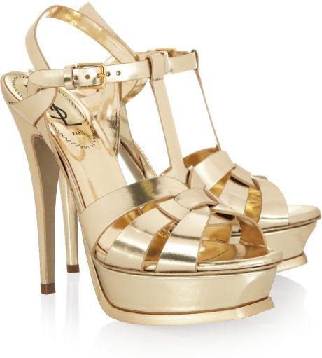 Saint Laurent Tribute Mirrored Leather Sandals in Gold | Lyst