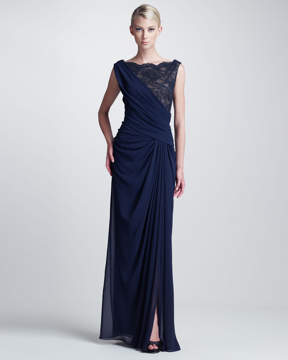 Tadashi Shoji Draped Lace Bust Gown in Navy Nude (Blue) - Lyst