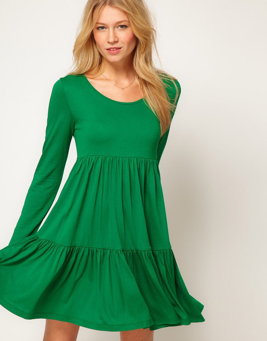 Asos collection Asos Swing Dress with Tier Detail in Green | Lyst