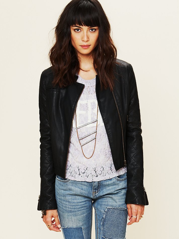 Free People Quilted Sleeve Vegan Leather Jacket in Black - Lyst