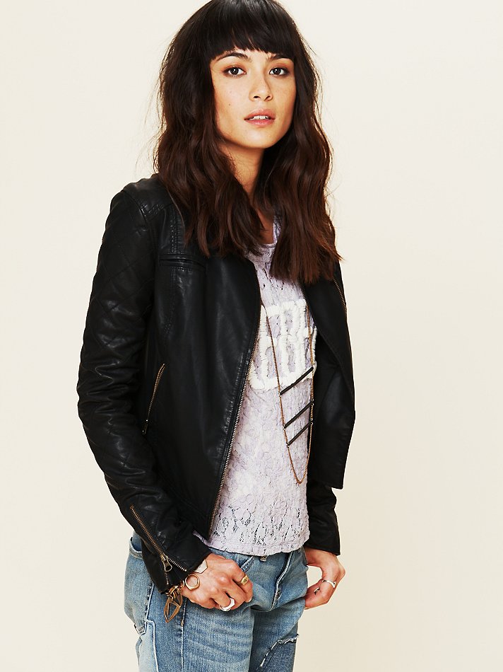 Free People Quilted Sleeve Vegan Leather Jacket in Black - Lyst