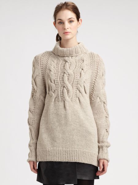 Halston Heritage Chunky Cable Turtleneck Sweater in Beige (natural) | Lyst
