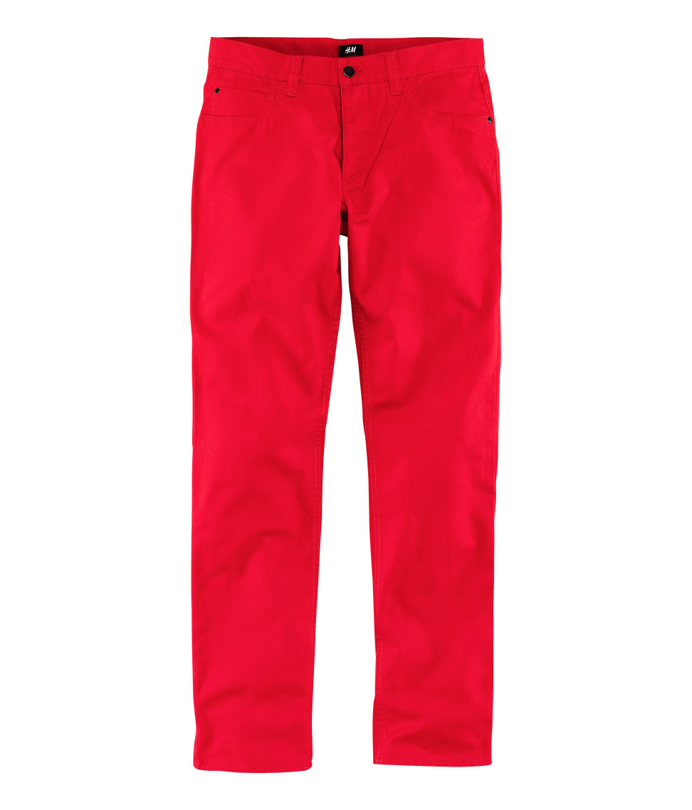 red utility trousers