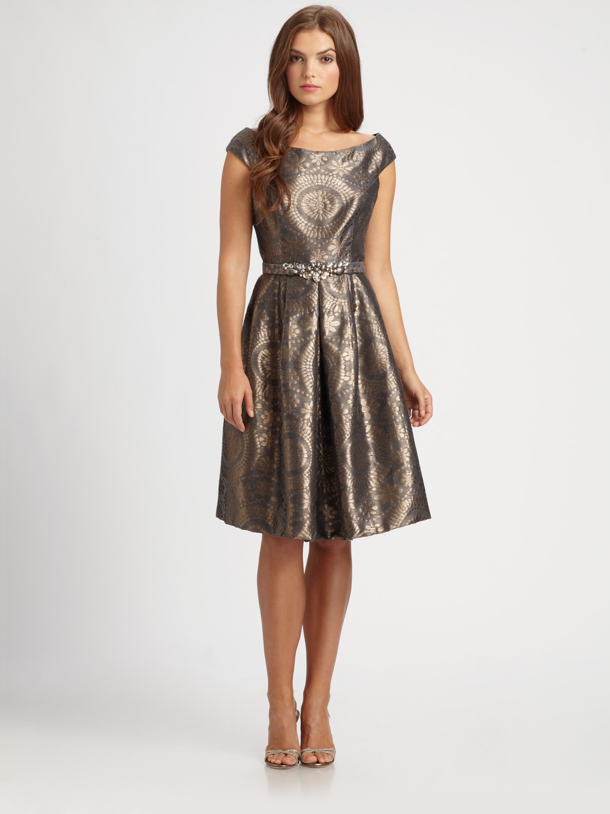 Lyst - Teri jon Brocade Dress in Brown