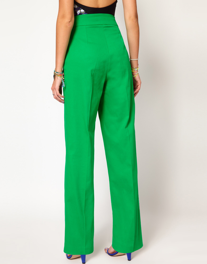 ASOS High Waist Pants with Wide Leg in Green - Lyst