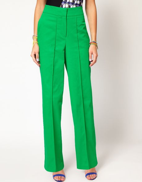 Asos High Waist Pants with Wide Leg in Green | Lyst