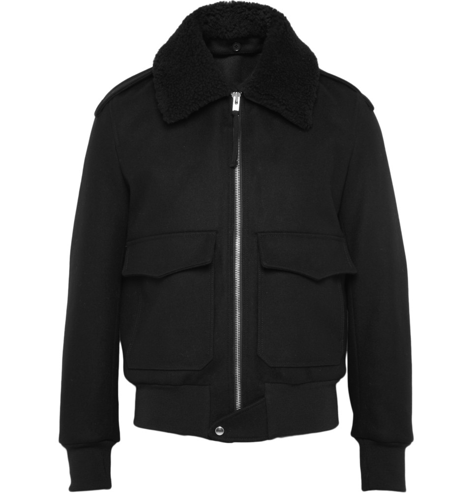 Sandro Shearling Trimmed Wool Bomber Jacket in Black for Men | Lyst