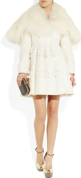 Alexander Mcqueen Shearling and Floral Appliqué Brocade Coat in White ...
