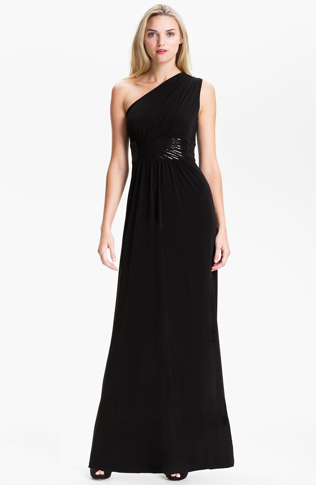 Calvin Klein Sequin Waist One Shoulder Jersey Gown in Black | Lyst