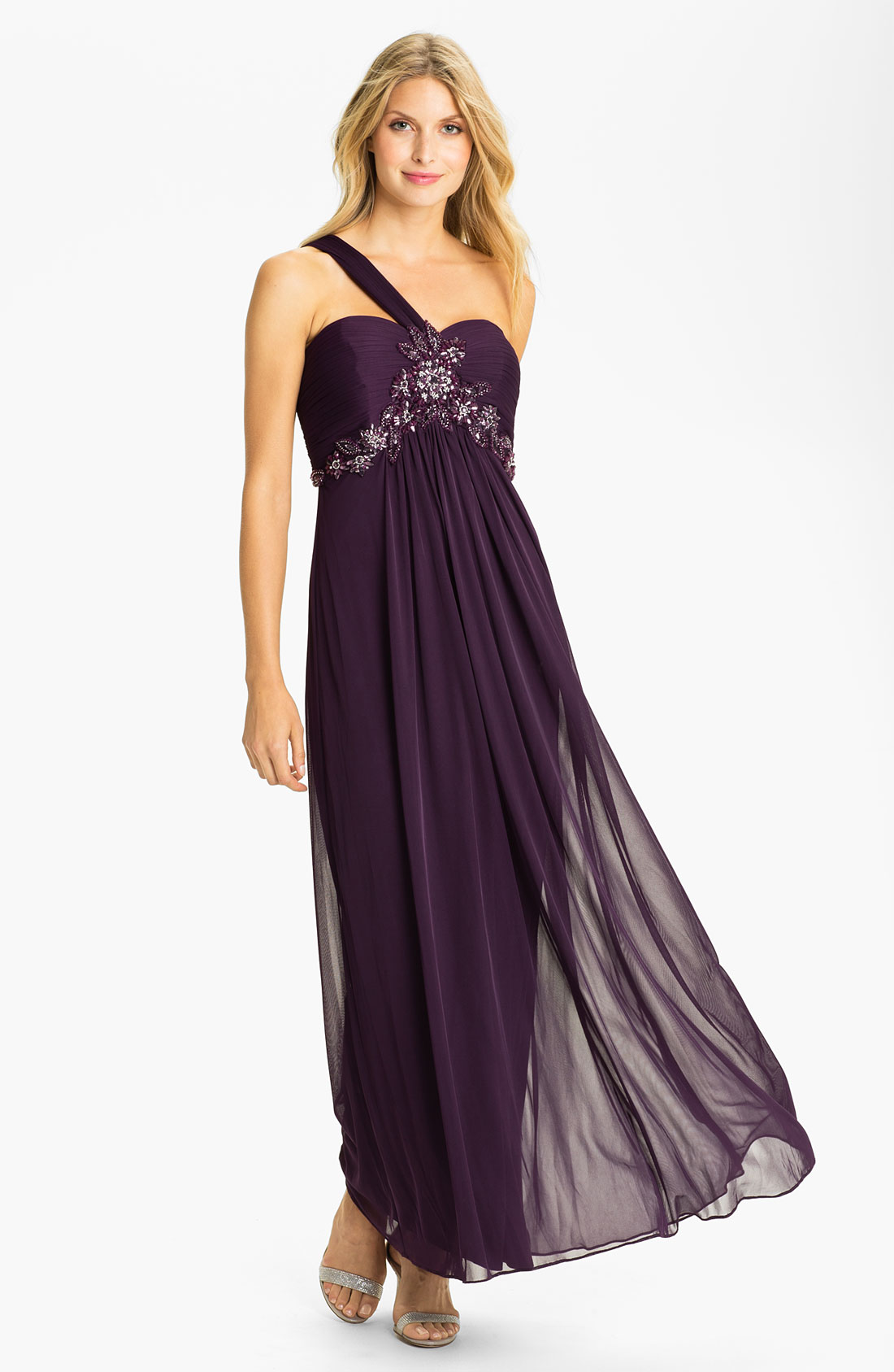 Xscape One Shoulder Embellished Mesh Gown in Purple (plum)