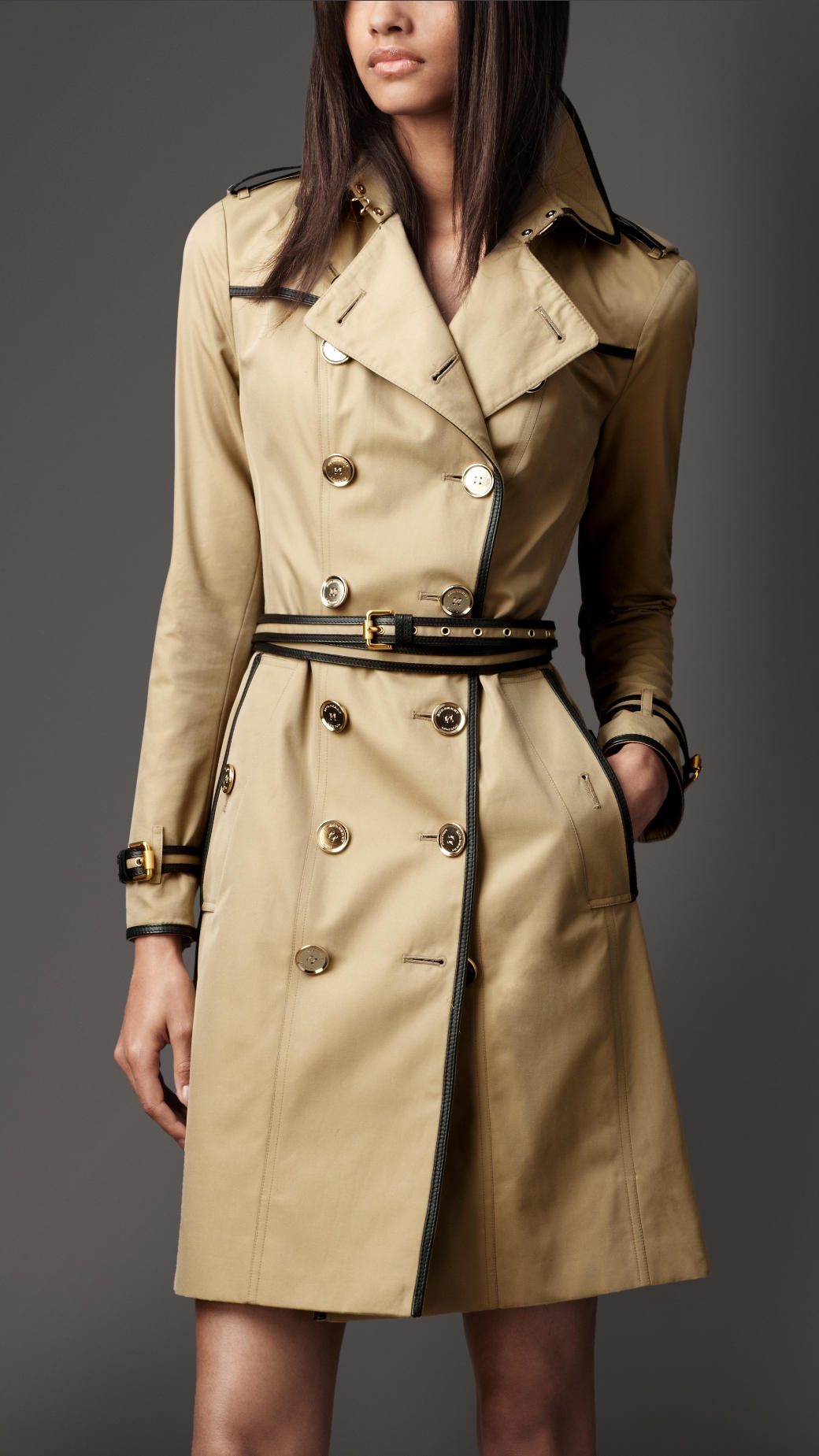Burberry Long Cotton Gabardine Leather Detail Trench Coat in Pale ...